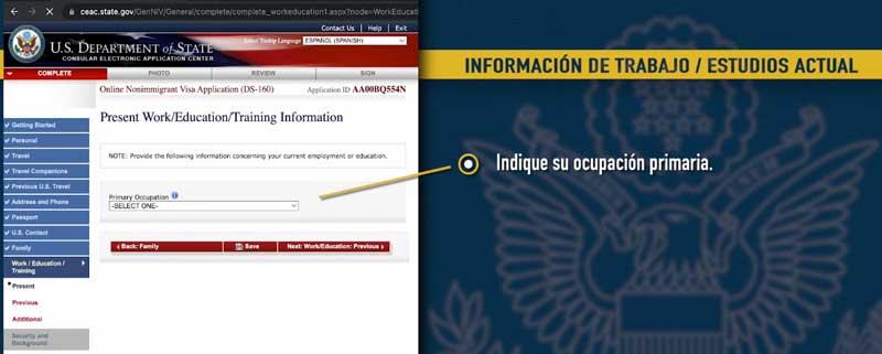 Formulario informacion de trabajo y estudio para visa turista ds 160