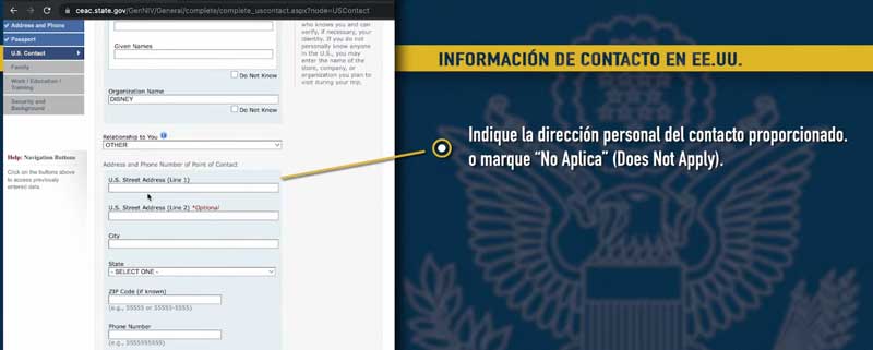 Informacion de contacto en estados unidos de visa turista ds 160