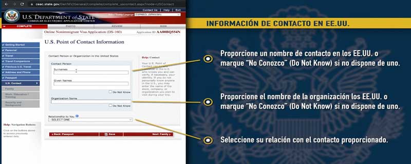 formulario informacion de contacto en estados unidos para visa turista ds 160