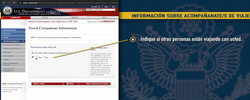 informacion acompañante de viaje visa turismo ds 160